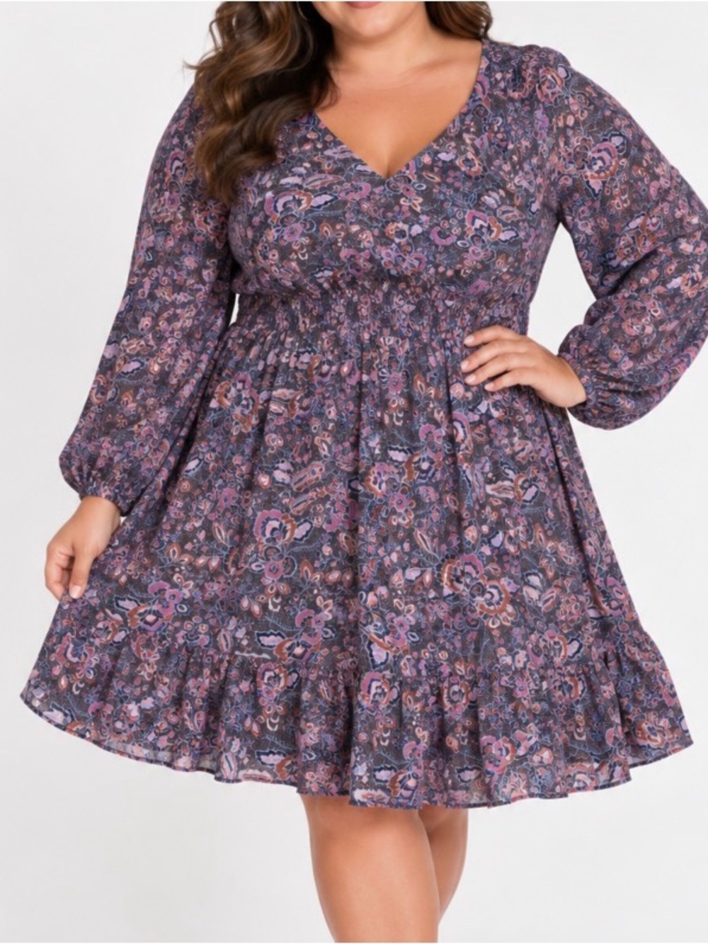 Evereve Floral Smocked Waist Long Sleeve Top - Purple Pink pra style SZ XL